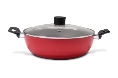 Afbeeldingen van BRINOX WOK 28CM/4.10L M/DEKSEL+HANDVAT ROOD GARLIC LINE